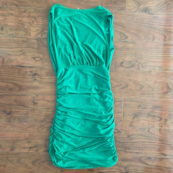 NWT All Saints Green V Neck Ruched Mini Bodycon Dress - Picture 4 of 8